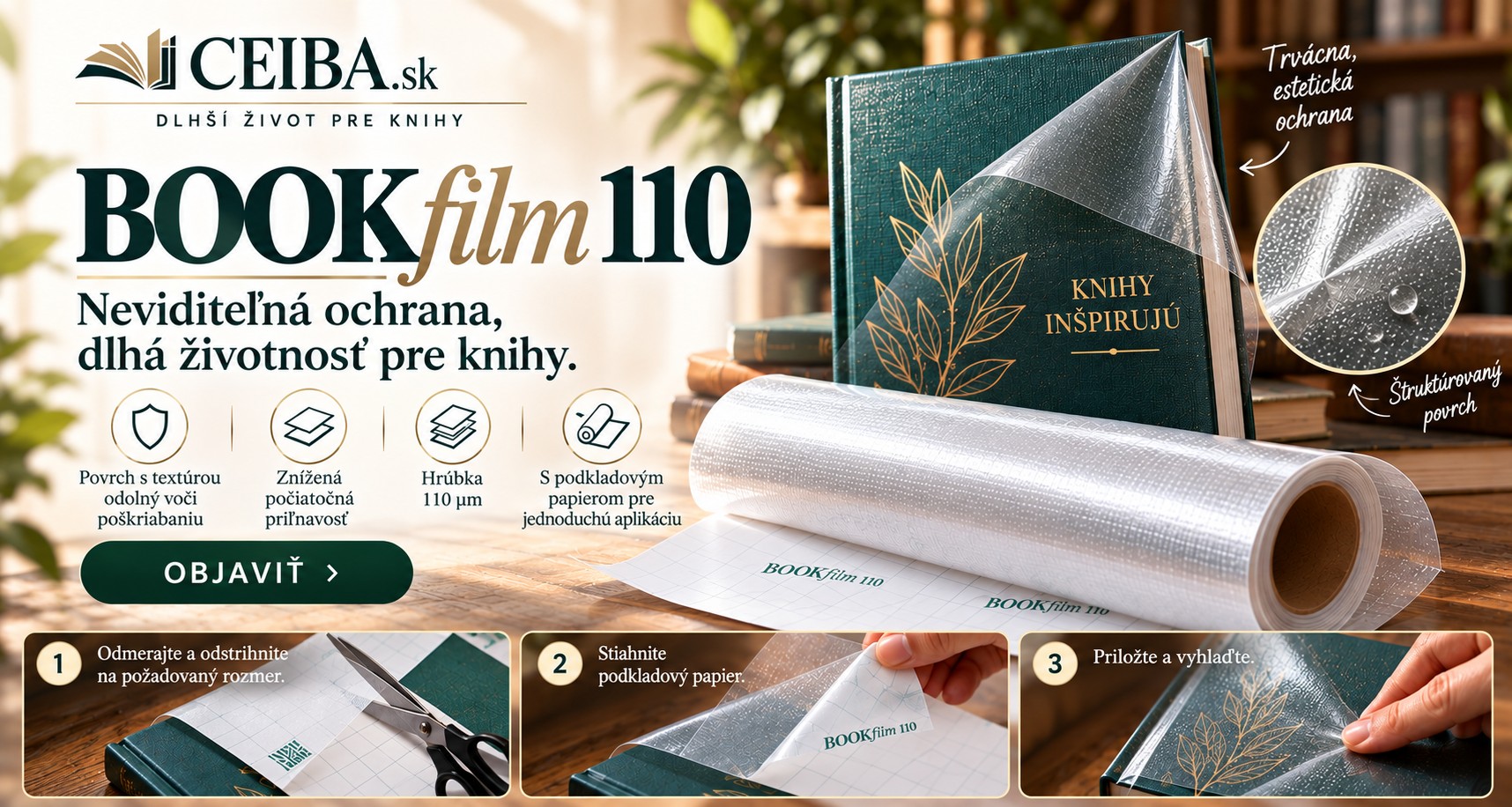 Na Bookfilm 110 samolepiacu fóliu na obaľovanie kníh poskytujeme zľavu 20 %.